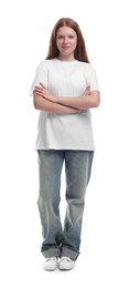 Full length portrait of teenage girl on white background