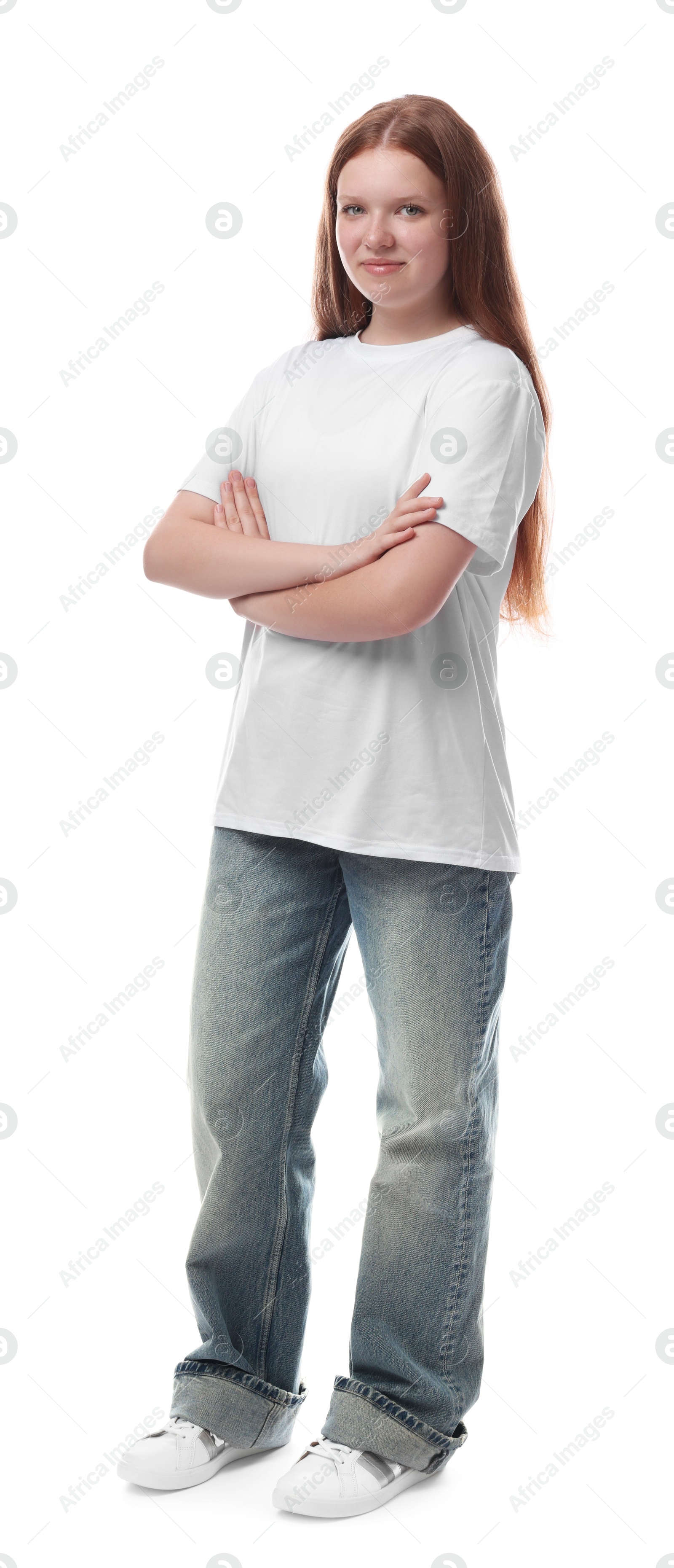 Photo of Full length portrait of teenage girl on white background