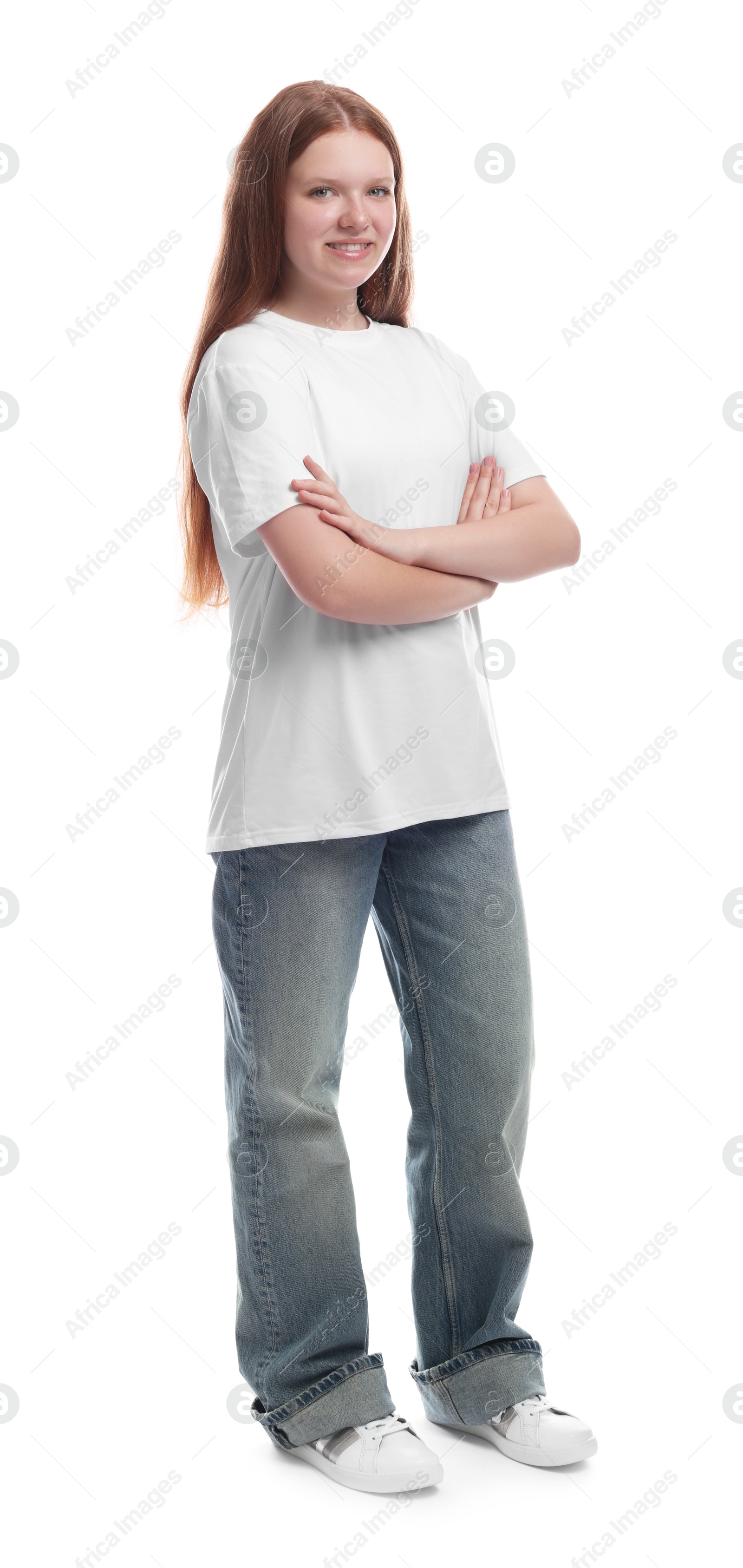 Photo of Full length portrait of teenage girl on white background