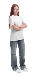 Photo of Full length portrait of teenage girl on white background