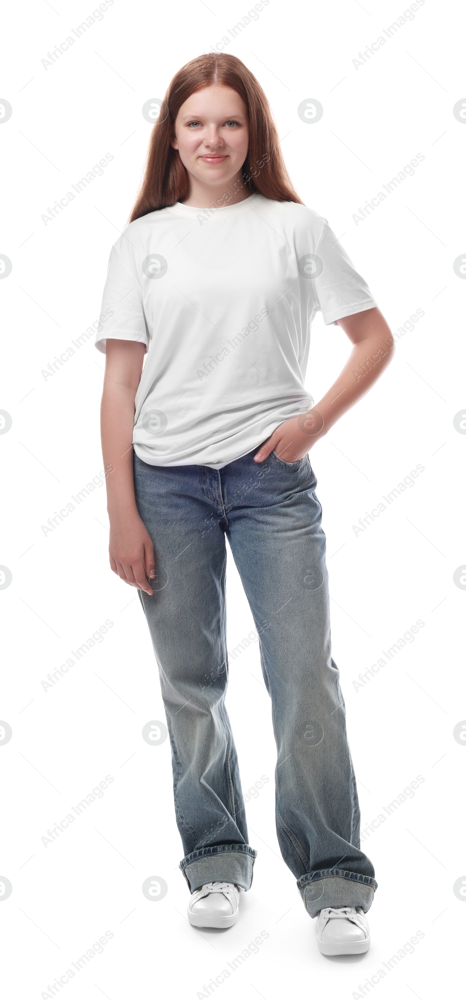 Photo of Full length portrait of teenage girl on white background