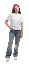 Photo of Full length portrait of teenage girl on white background