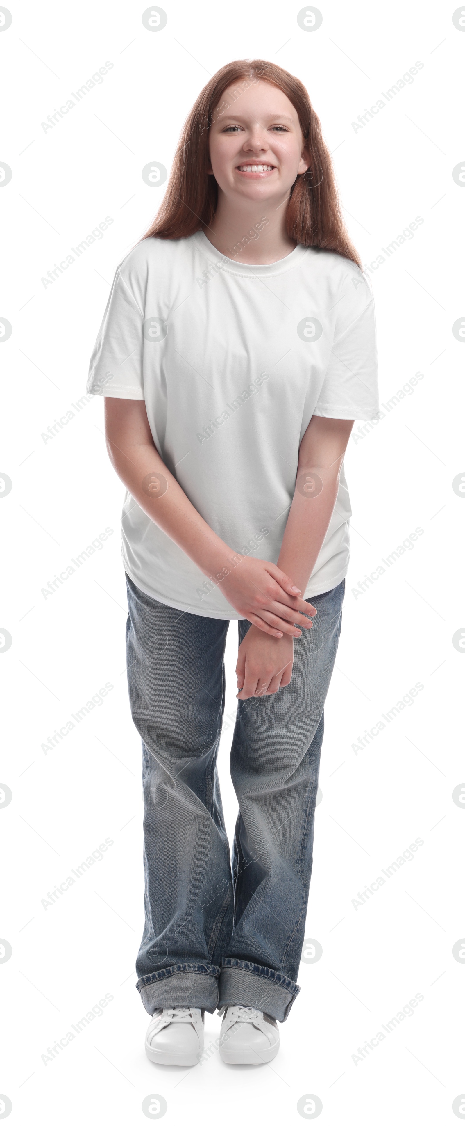 Photo of Full length portrait of teenage girl on white background