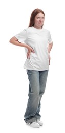 Full length portrait of teenage girl on white background