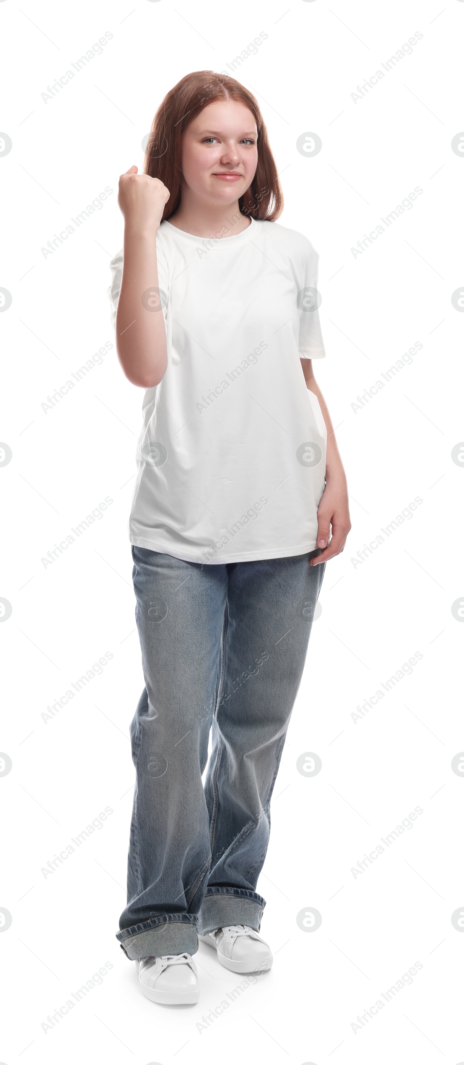 Photo of Full length portrait of teenage girl on white background