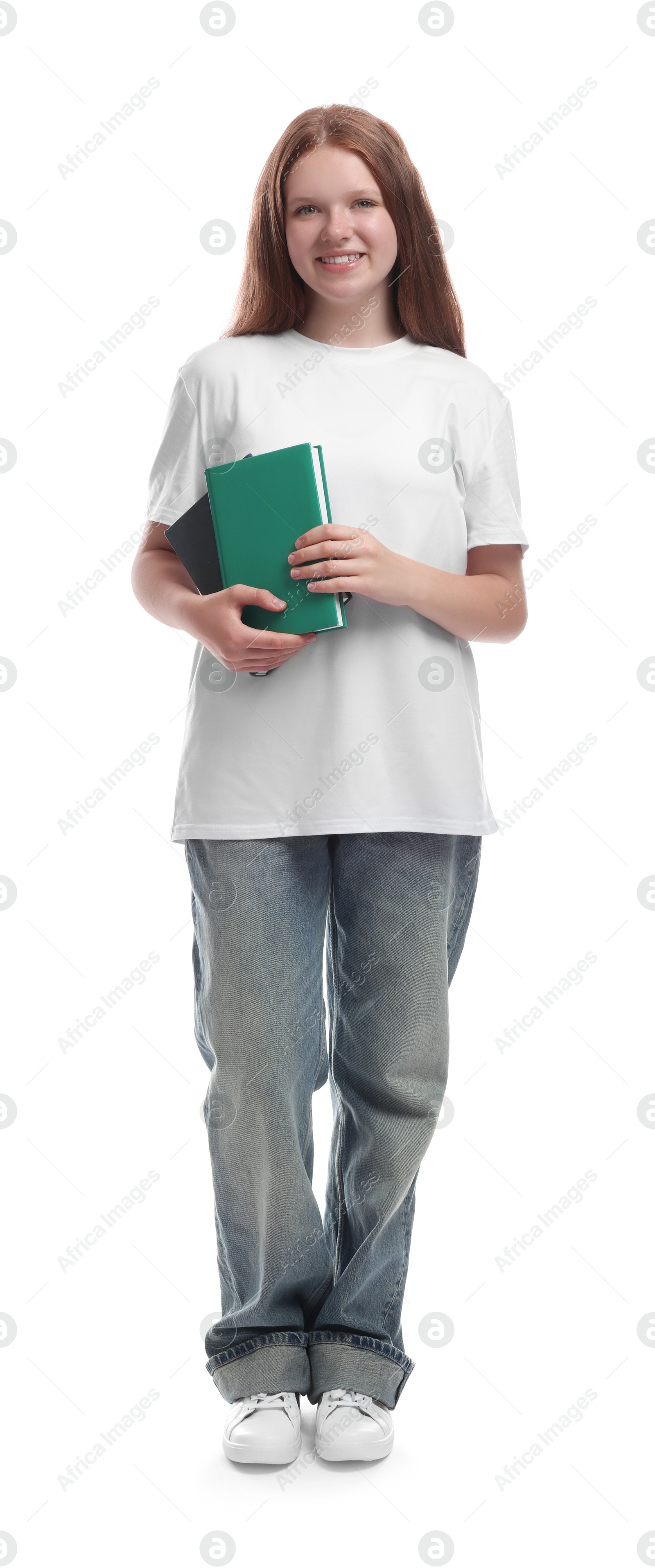 Photo of Teenage girl with books on white background