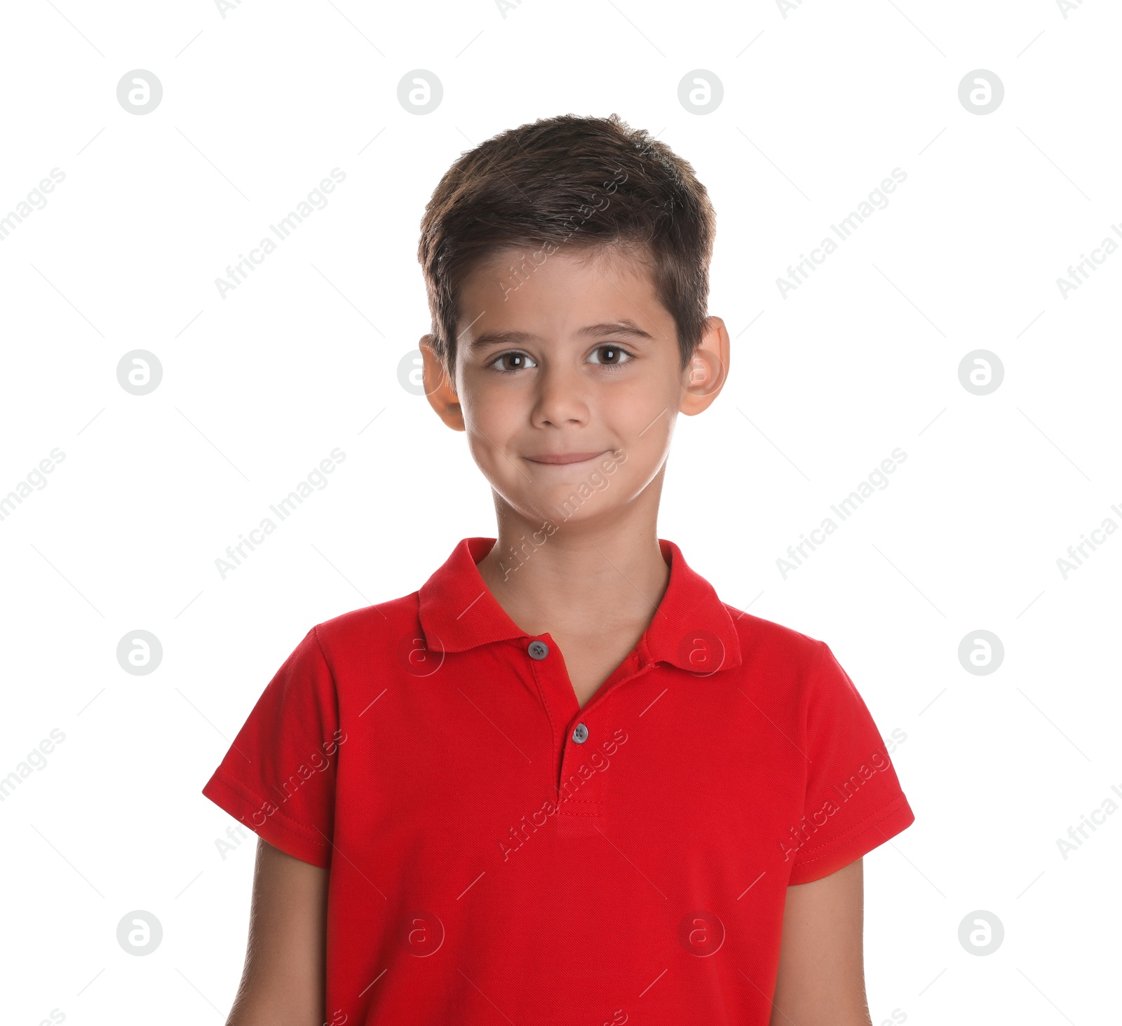 Photo of Portrait of cute little boy on white background