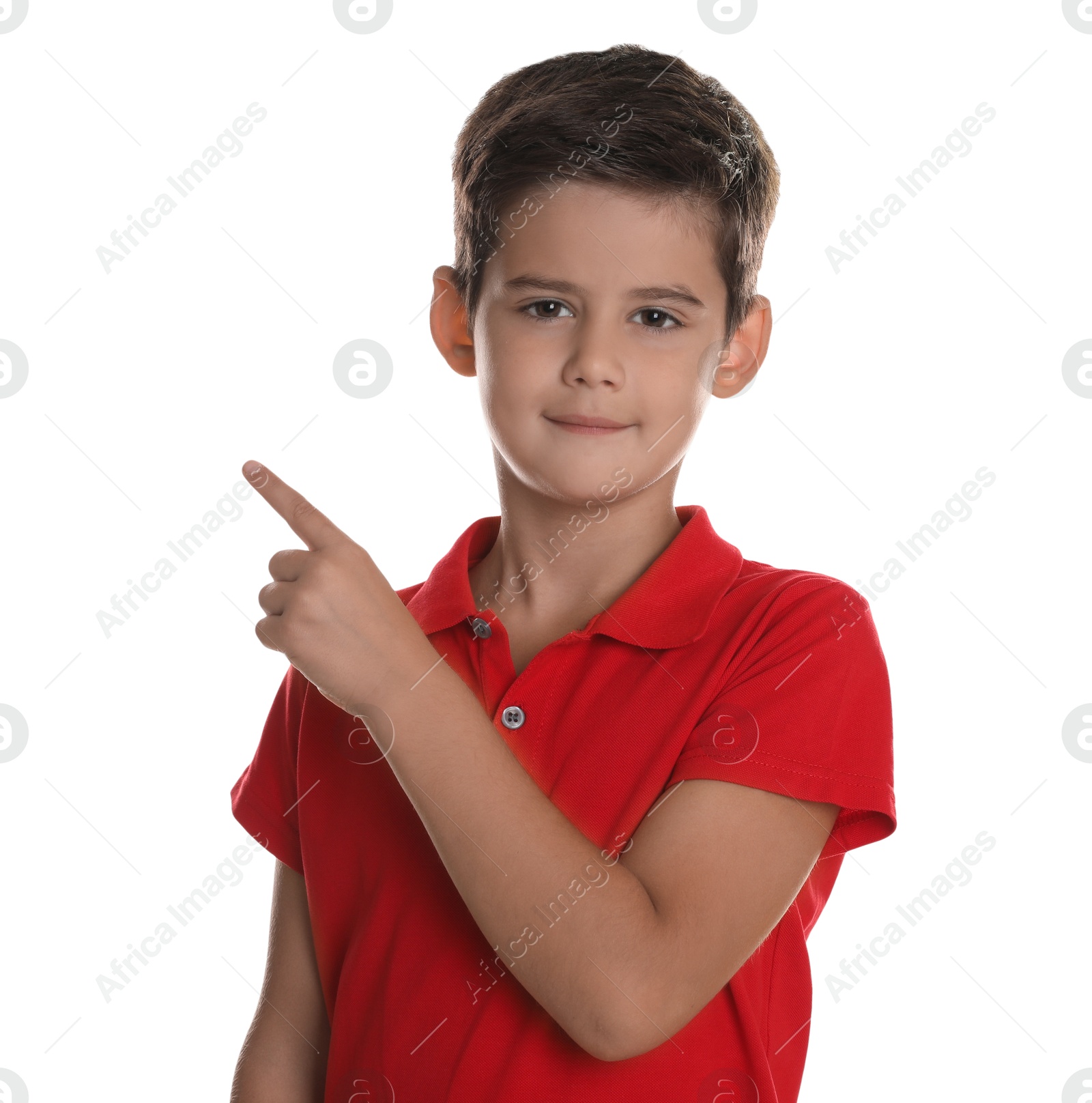 Photo of Portrait of cute little boy on white background