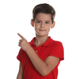 Photo of Portrait of cute little boy on white background