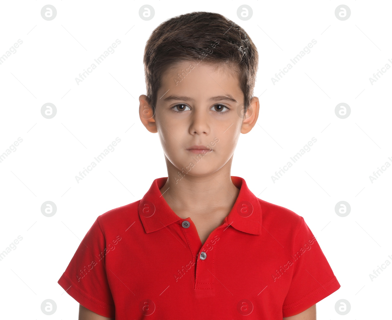 Photo of Portrait of cute little boy on white background