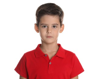 Photo of Portrait of cute little boy on white background