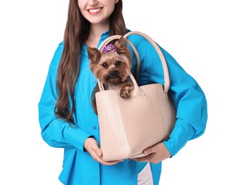 Woman carrying cute Yorkshire Terrier dog in bag isolated on white, closeup