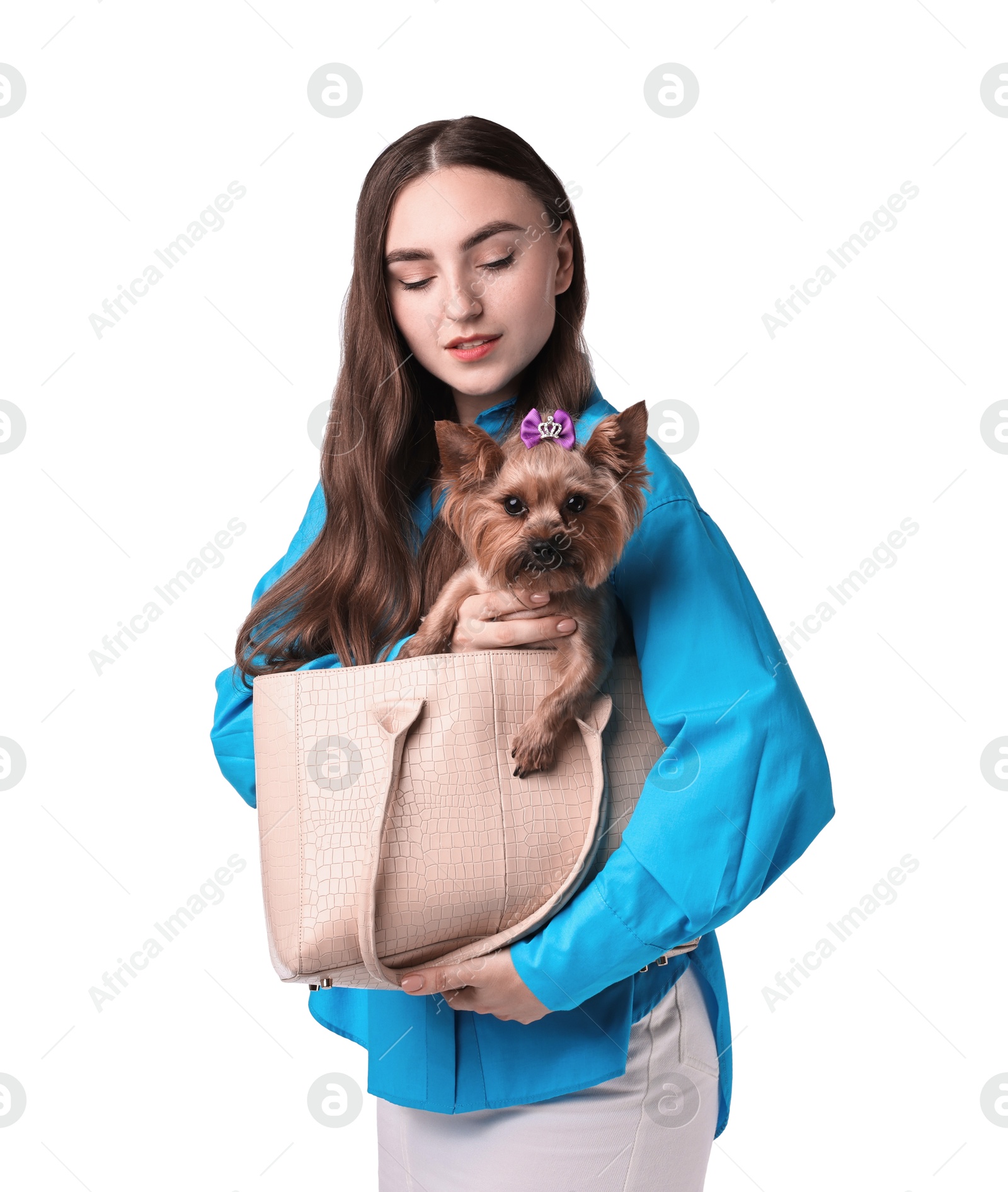 Photo of Beautiful young woman holding bag with cute Yorkshire Terrier dog isolated on white