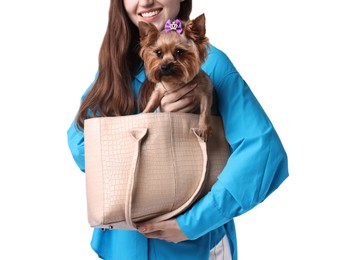 Woman holding bag with cute Yorkshire Terrier dog isolated on white, closeup