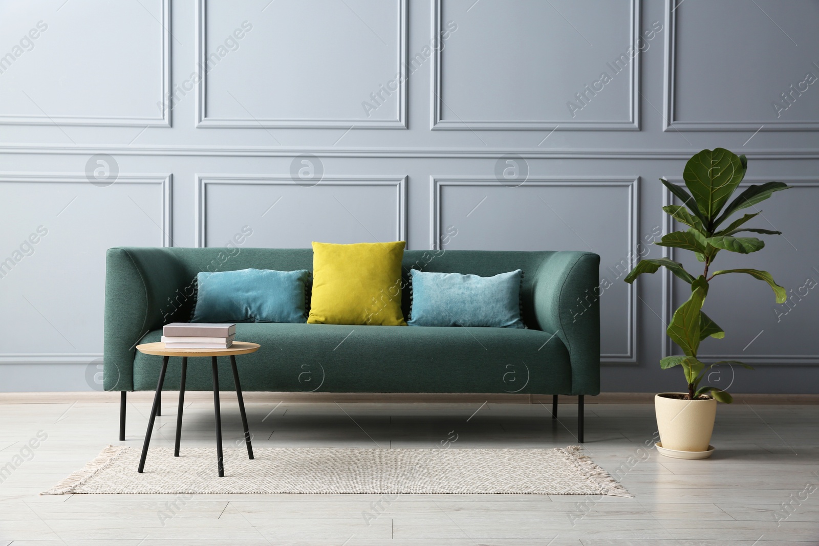 Photo of Stylish sofa with cushions, green plant and books on coffee table in room