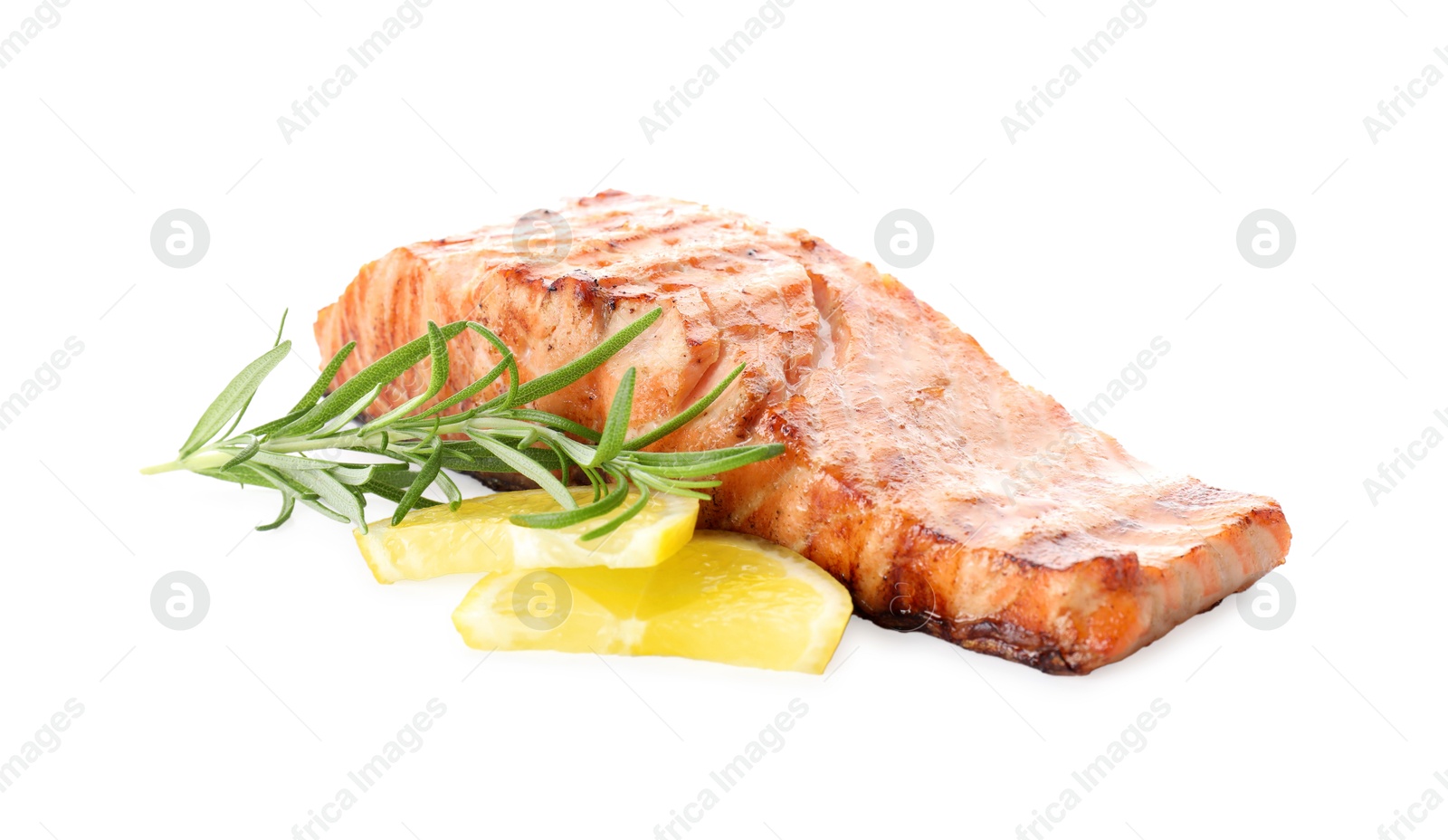 Photo of Delicious grilled salmon fillet with lemon and rosemary isolated on white