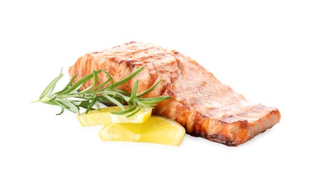 Photo of Delicious grilled salmon fillet with lemon and rosemary isolated on white