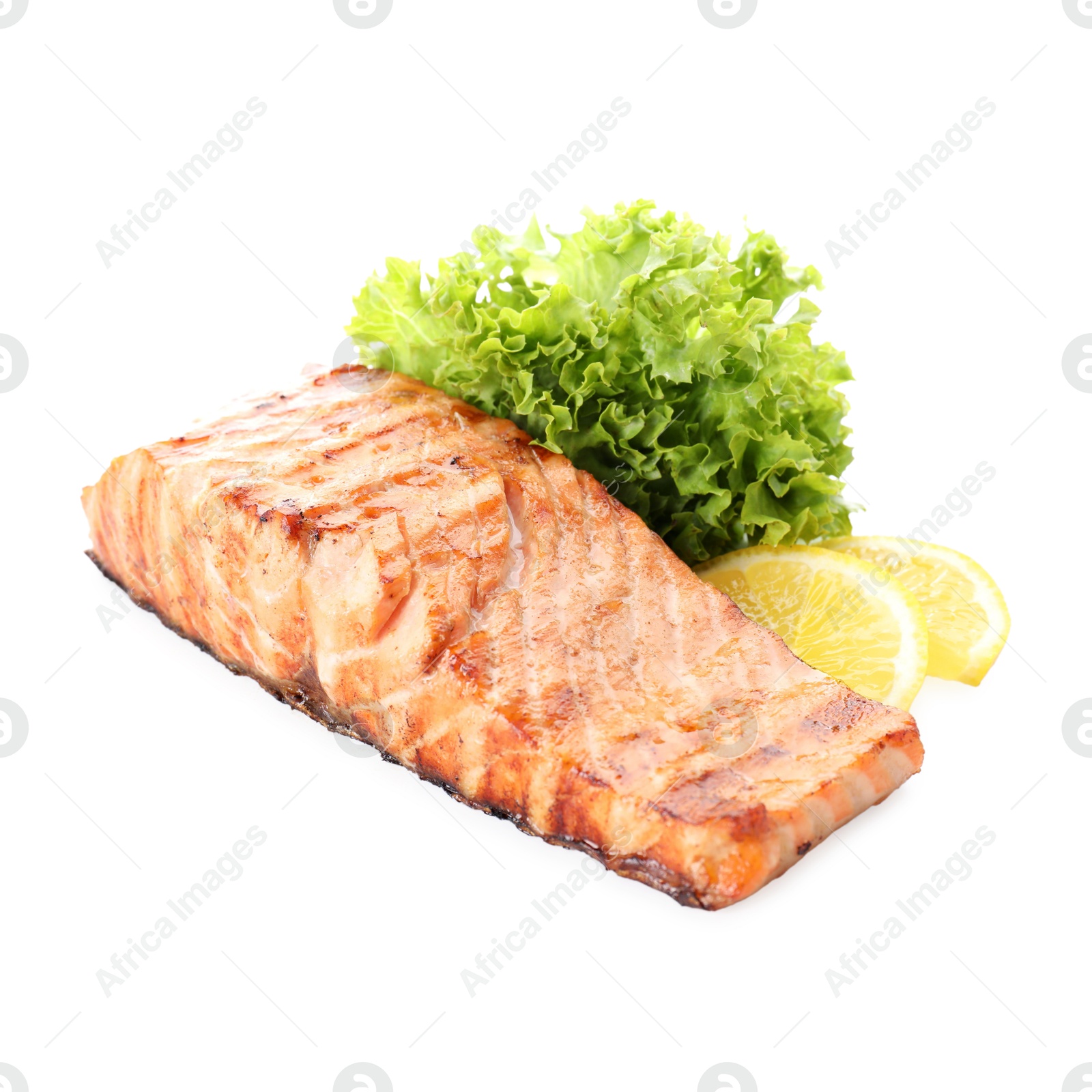 Photo of Delicious grilled salmon fillet with lemon and lettuce isolated on white