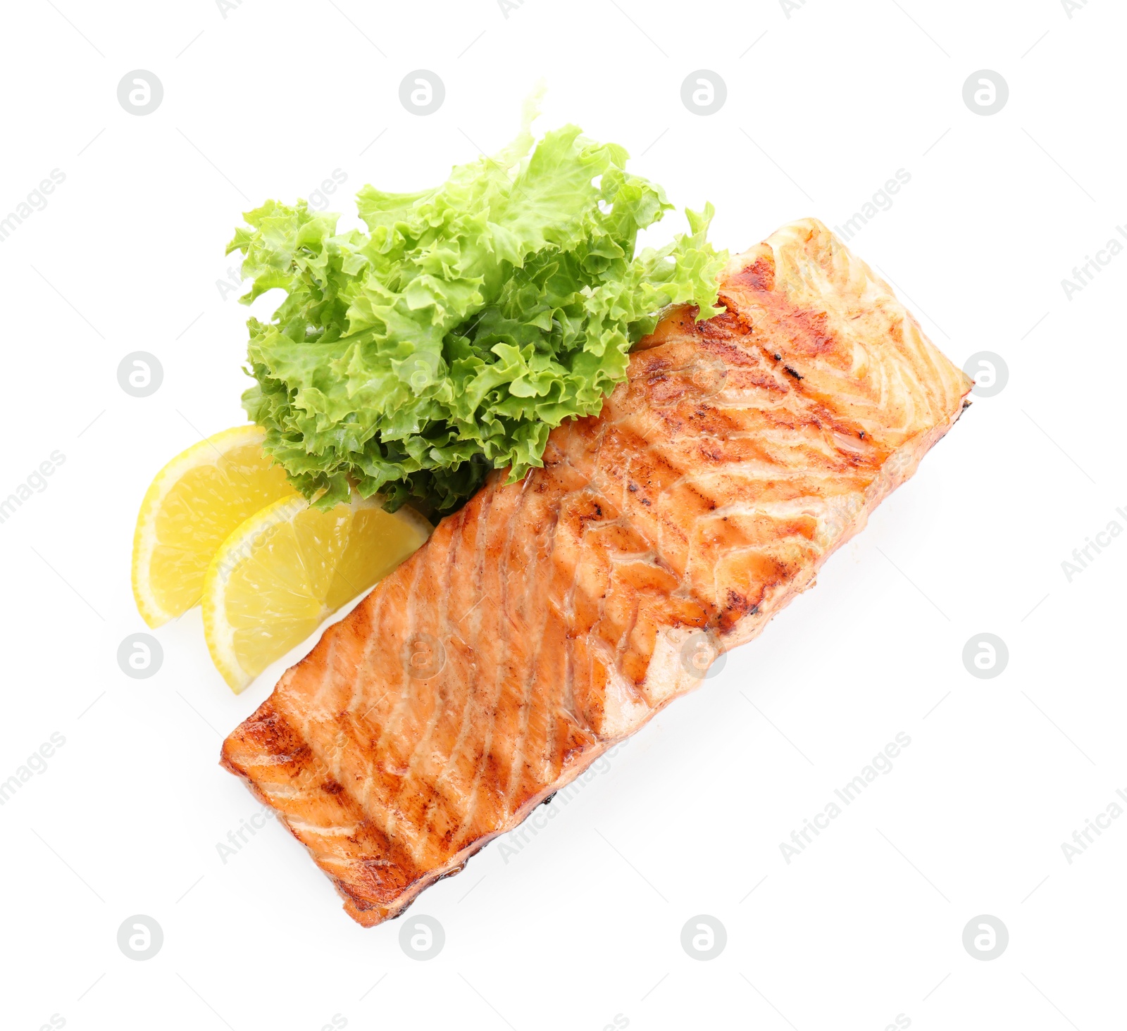 Photo of Delicious grilled salmon fillet with lemon and lettuce isolated on white, top view