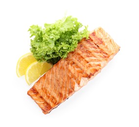 Delicious grilled salmon fillet with lemon and lettuce isolated on white, top view