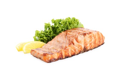 Photo of Delicious grilled salmon fillet with lemon and lettuce isolated on white