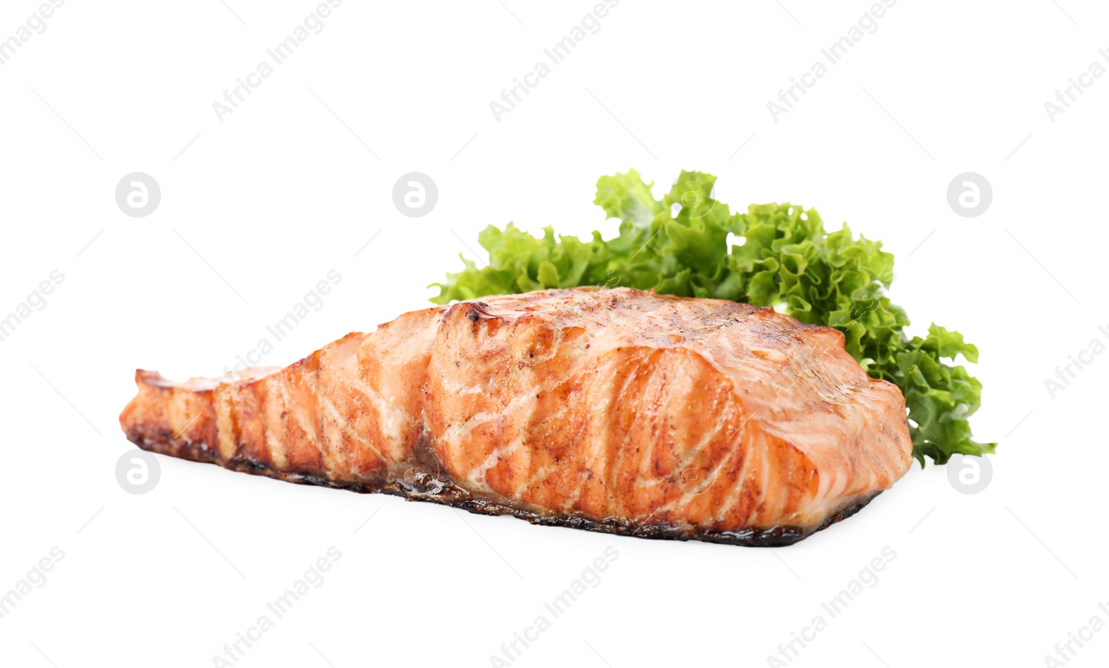 Photo of Delicious grilled salmon fillet with lettuce isolated on white