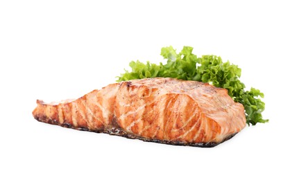 Photo of Delicious grilled salmon fillet with lettuce isolated on white