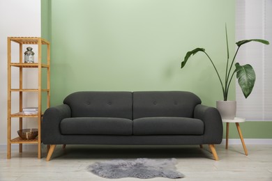 Photo of Stylish sofa, shelving unit and houseplant near green wall indoors