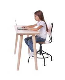 Girl with incorrect posture using laptop at wooden desk on white background