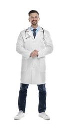 Photo of Smiling doctor with stethoscope isolated on white