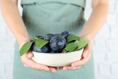 Photo of Woman holding bowl of ripe plums against white background, closeup