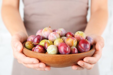 Photo of Woman holding bowl of ripe plums against white background, closeup