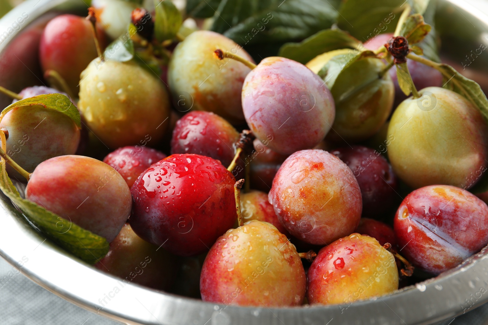 Photo of Ripe plums and leaves in colander on table, closeup