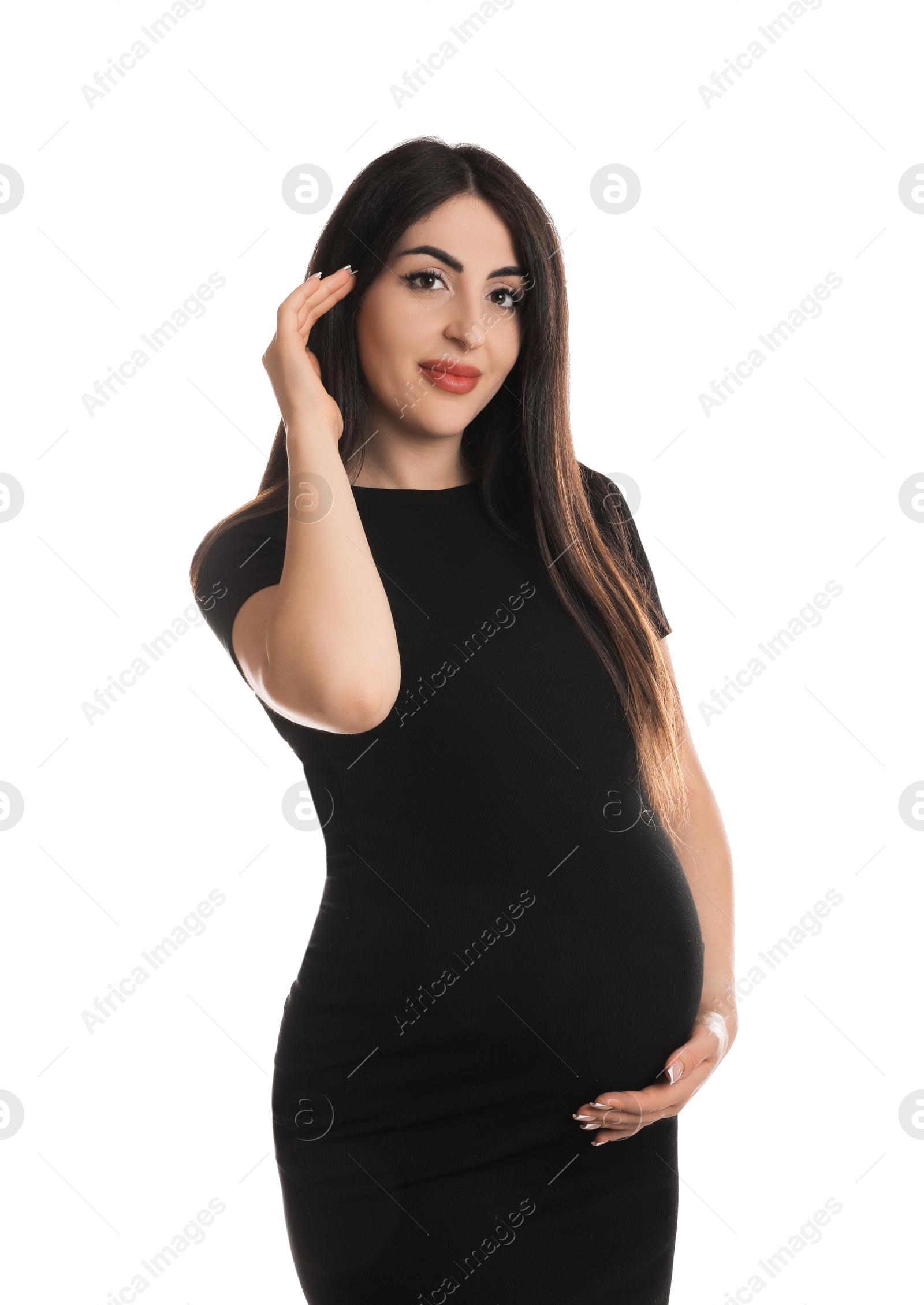 Photo of Portrait of beautiful pregnant woman on white background