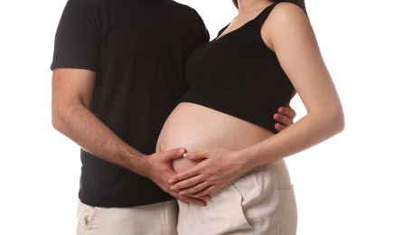 Photo of Pregnant woman with her husband isolated on white, closeup