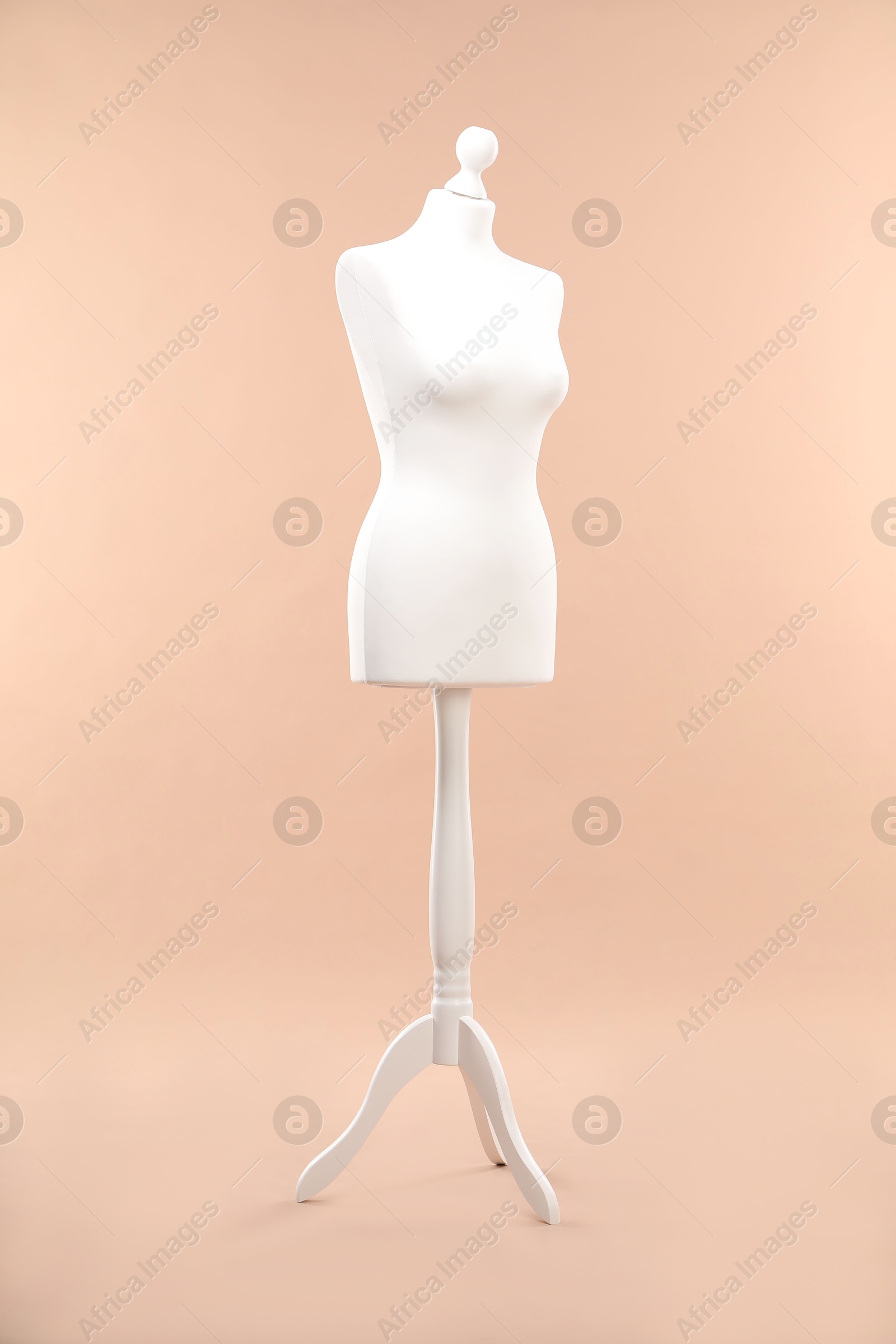 Photo of One female mannequin on stand against beige background