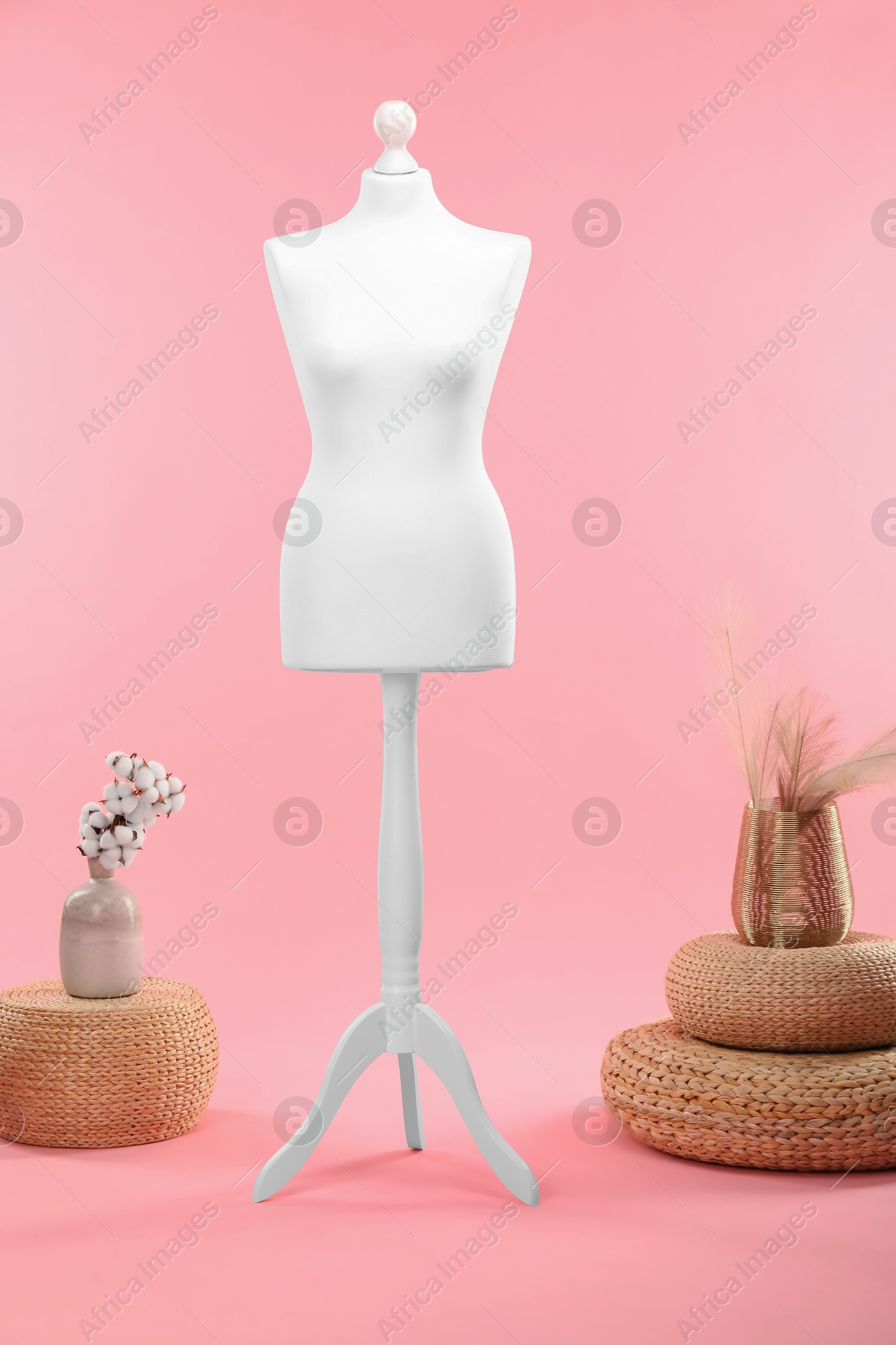 Photo of Female mannequin, poufs and vases with decorative plants on pink background