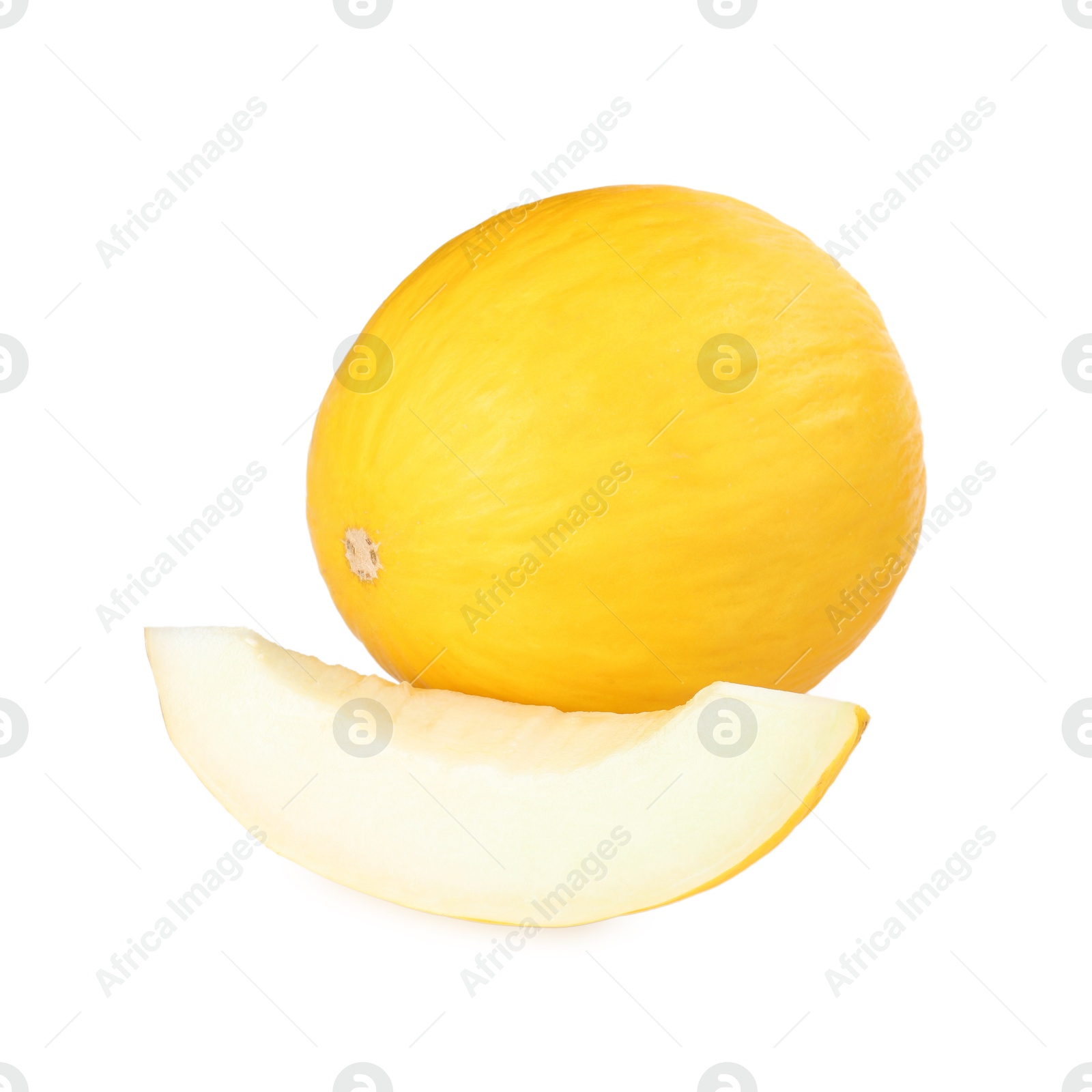 Photo of Whole and cut ripe melons isolated on white