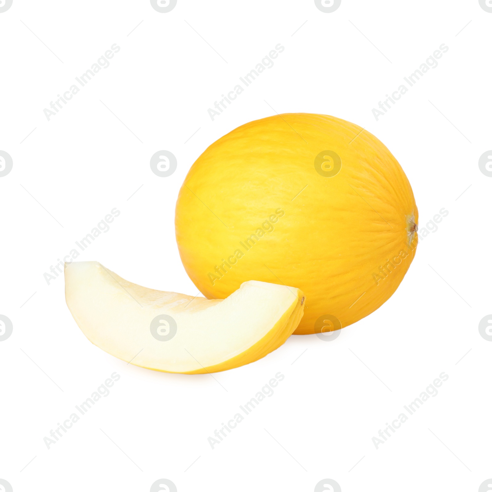 Photo of Whole and cut ripe melons isolated on white