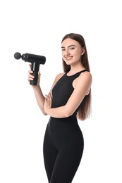 Photo of Young woman with percussive massager on white background