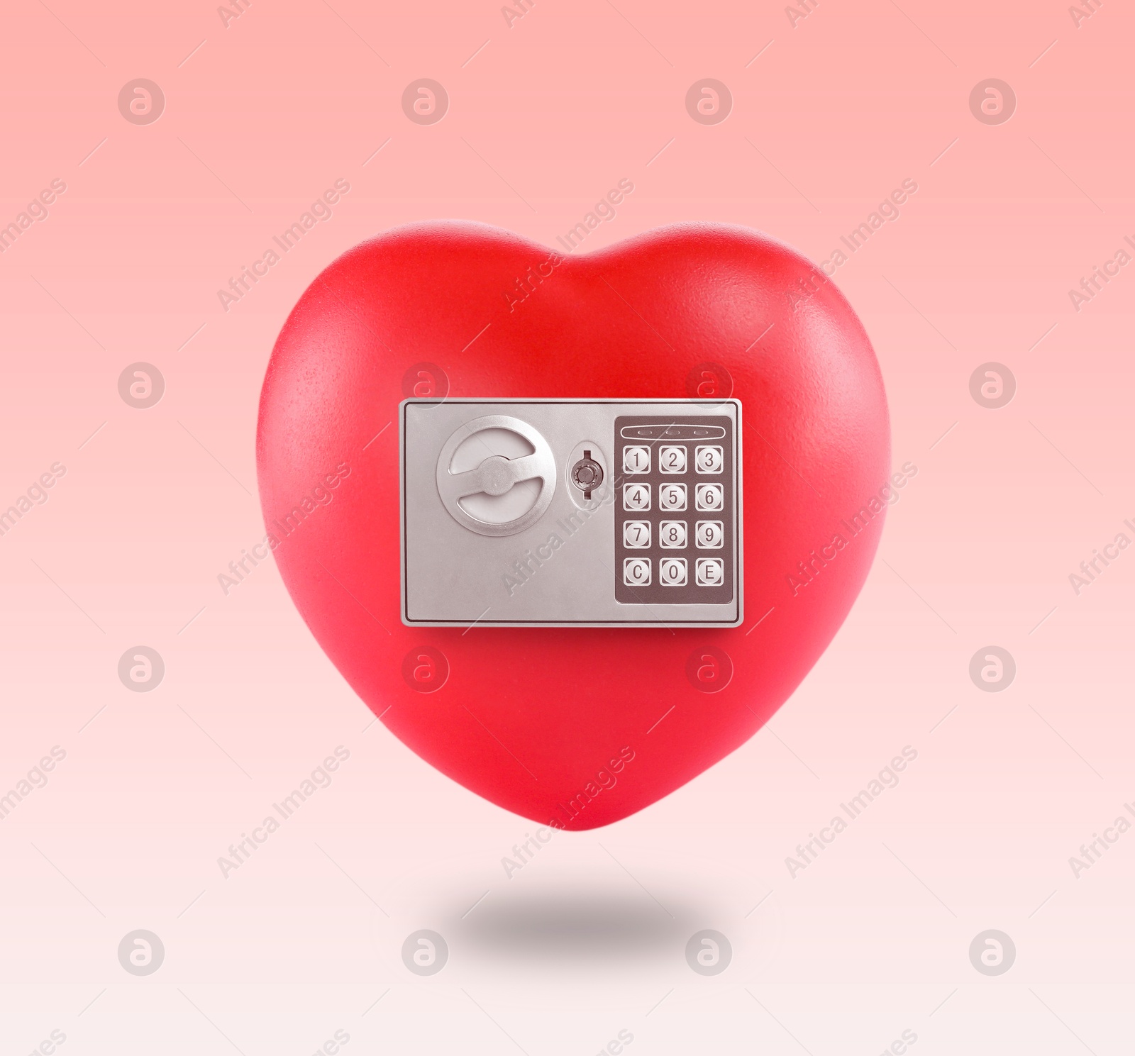 Image of Red heart with electronic safe lock on pink gradient background