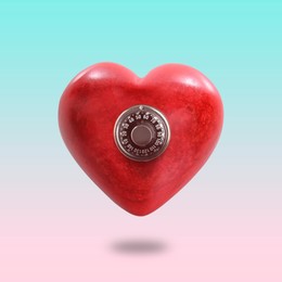 Red heart with mechanical safe lock on gradient background