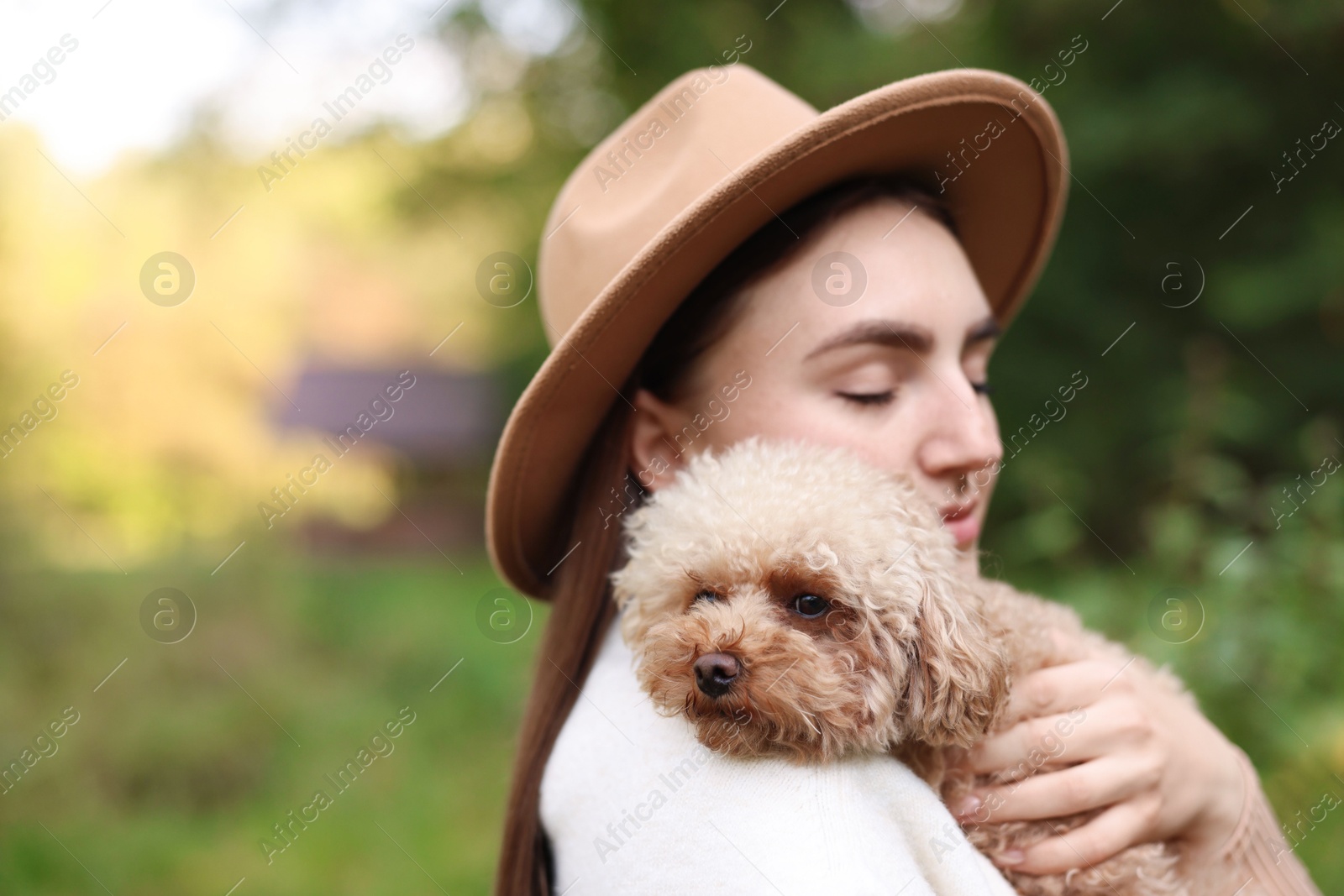 Photo of Woman with cute dog outdoors. Space for text