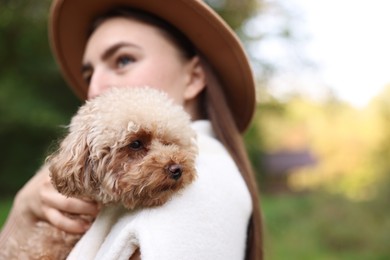 Woman with cute dog outdoors, selective focus. Space for text