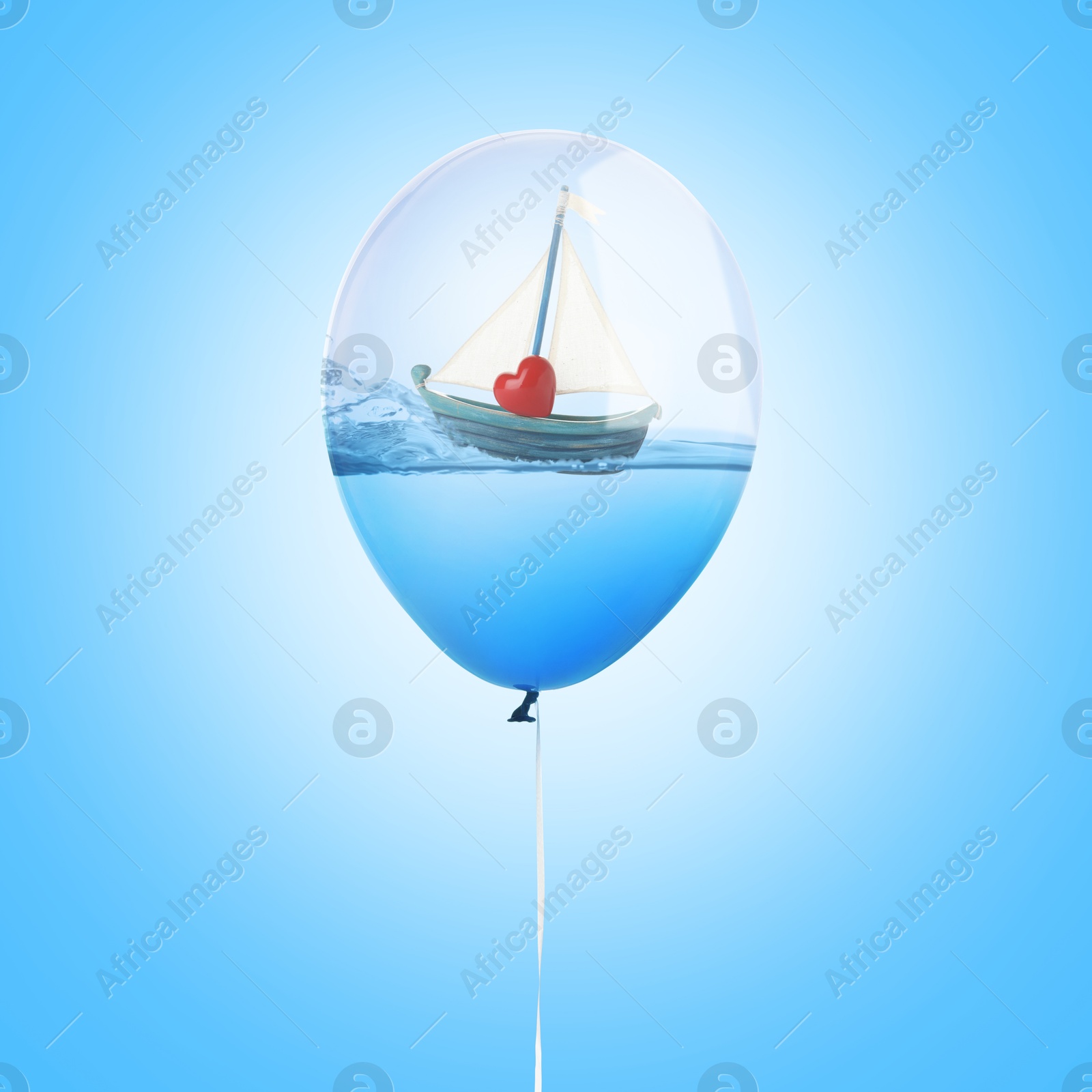 Image of Small boat with red heart floating on water inside balloon against light blue background