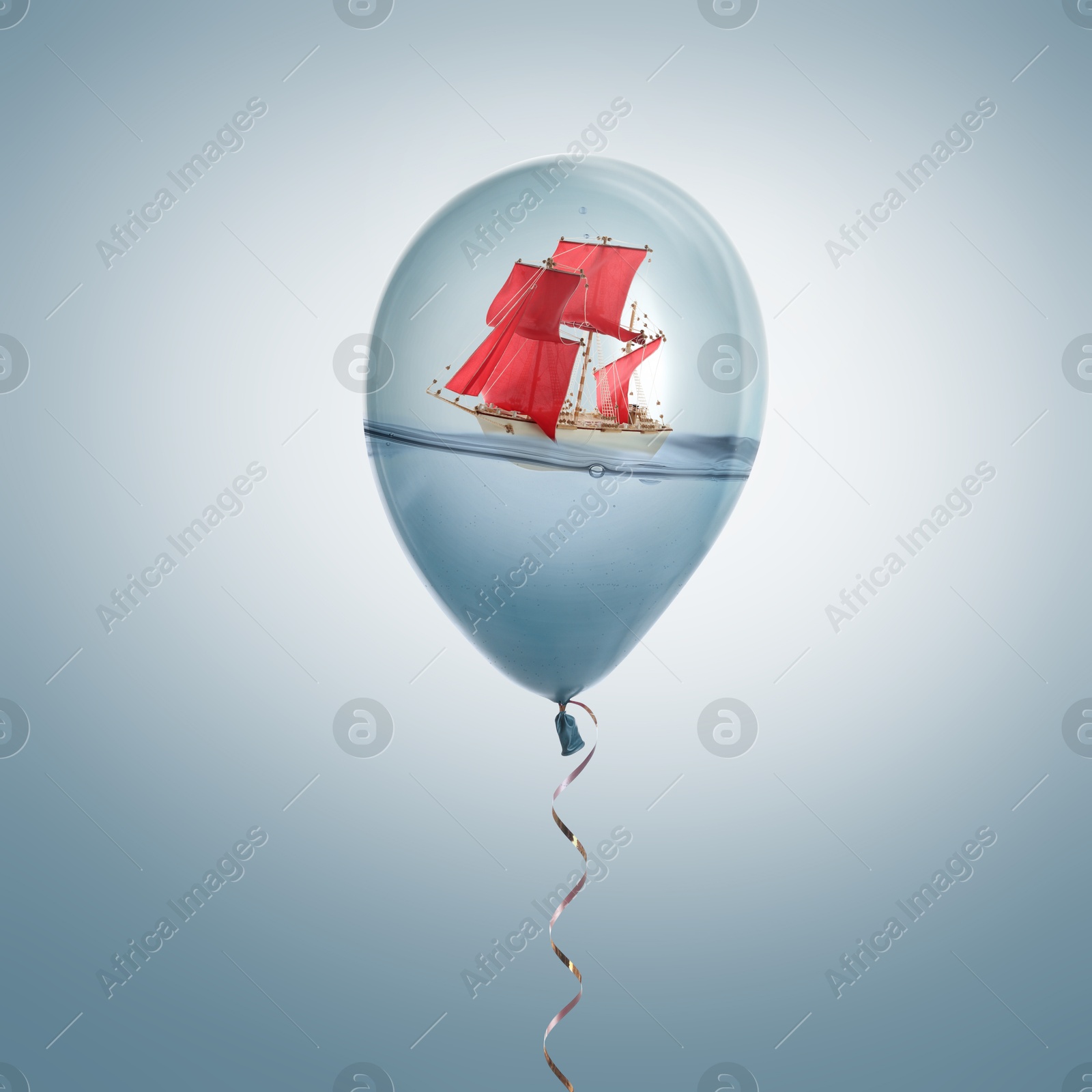 Image of Ship floating on water inside balloon against light blue background