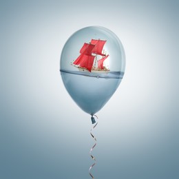 Image of Ship floating on water inside balloon against light blue background