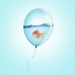 Image of Balloon with water and goldfish against light blue background