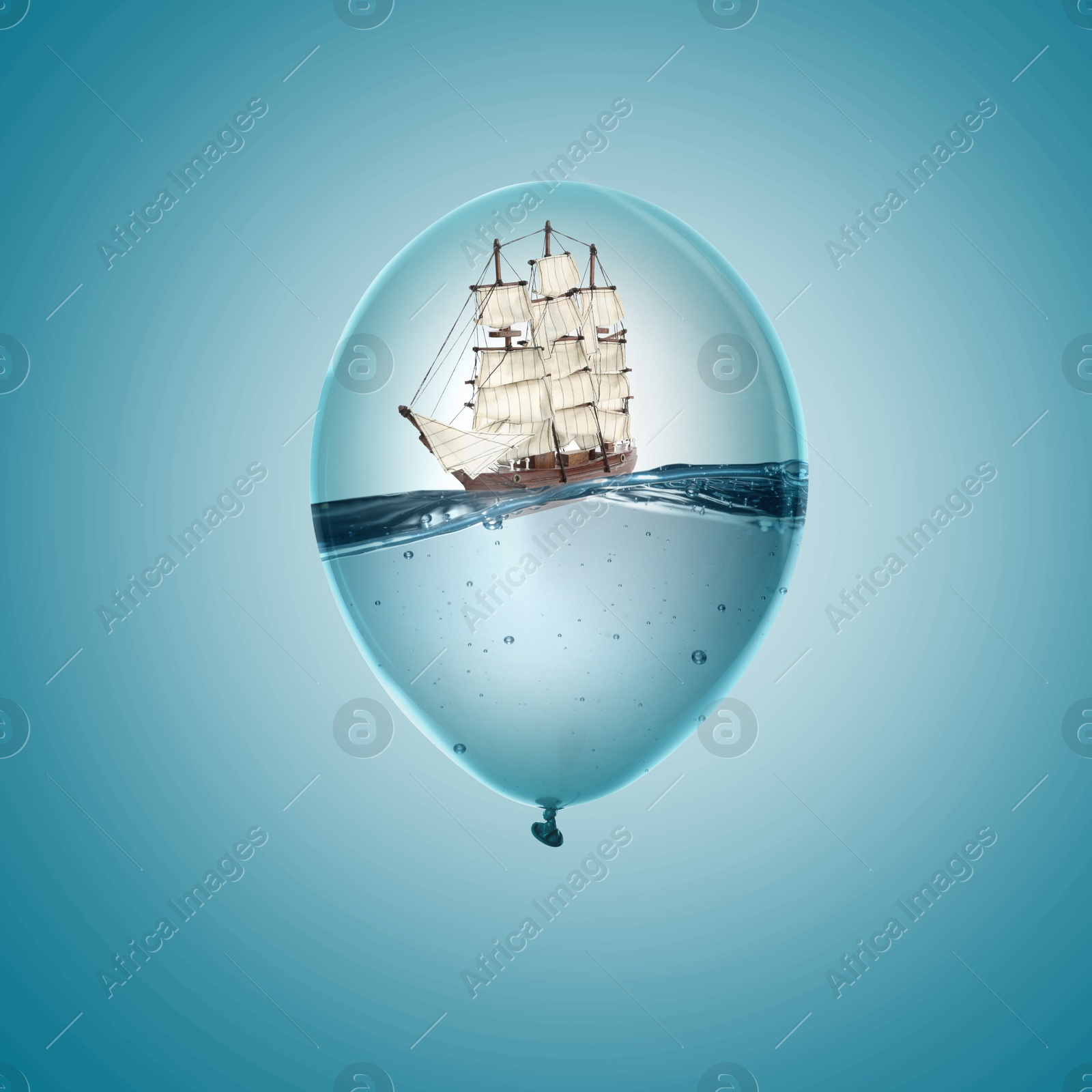 Image of Ship floating on water inside balloon against light blue background