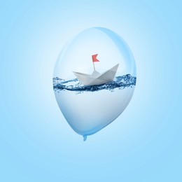 Image of Paper boat floating on water inside balloon against light blue background